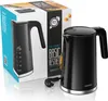A black electric kettle and its packaging are displayed on a white background. Produktbild-Vorschau