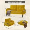 A diagram showing the dimensions of a yellow sofa set, including a 2-seater sofa, an armchair, and an ottoman. Produktbild-Vorschau