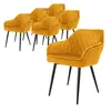 A set of six mustard yellow dining chairs with black metal legs, arranged on a white background. Náhled obrázku produktu