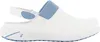 A side view of a white and light blue safety clog.