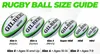 A size guide for Gilbert rugby balls, showing different sizes and their corresponding age groups. Náhľad obrázku produktu