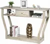 A light gray wooden console table with a drawer and shelves, decorated with various items. Podgląd zdjęcia produktu