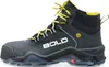A side view of a black and gray work boot with yellow laces. Produktbild-Vorschau