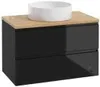 A black bathroom vanity with a wooden top and a white sink. Produktbild-Vorschau