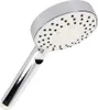 A chrome-plated hand shower head with a white face and black spray nozzles, shown against a white background. Produktbild-Vorschau