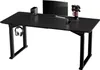 A black gaming desk with a monitor, speaker, and controllers. Produktbild-Vorschau