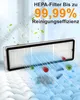 A close-up view of a HEPA filter with animated particles and text highlighting its cleaning efficiency. Produktbild-Vorschau