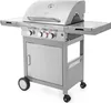 A stainless steel gas grill with side tables and a storage cabinet. Podgląd zdjęcia produktu