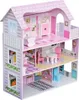 A pink wooden dollhouse with multiple floors and furniture. Produktbild-Vorschau