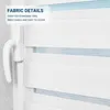 Close-up of a white window blind with blue stripes, showing fabric details and a window handle. Produktbild-Vorschau