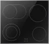 A top-down view of a black ceramic induction cooktop with four cooking zones marked by white circles. The cooktop has a silver-colored metal frame. Produktbild-Vorschau