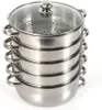 A multi-tiered stainless steel steamer pot with a glass lid, stacked on a white background. Produktbild-Vorschau