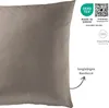 A close-up of a brown pillow with various certifications and descriptive text on the right side. Produktbild-Vorschau