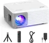 A white and gray mini projector with its accessories laid out below it. Produktbild-Vorschau