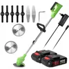 A collection of gardening tools and accessories, including a grass trimmer, batteries, charger, blades, and a wrench, arranged on a white background. Produktbild-Vorschau