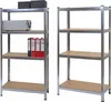 Two metal shelving units are shown against a white background. The unit on the left has items on its shelves, including binders and a metal case. The unit on the right is empty. Náhled obrázku produktu