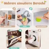 A collage of five images showcasing different features of a toy kitchen set, with hands interacting with the toy elements. Anteprima dell’immagine prodotto