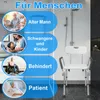 A shower chair is shown in a bathroom setting, with text overlays indicating different user groups for whom the product is suitable. Náhled obrázku produktu