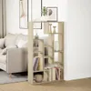 A modern living room with a sofa and a wooden bookshelf. Voir les images du produit