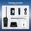 A collage of images showing the contents of a product package, including a marine radio, battery, belt clip, charging cable, hand strap, charging base, and user manual. Anteprima dell’immagine prodotto