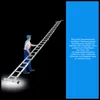 A man in a blue uniform and cap stands on a ladder, looking up. The ladder is very long and extends diagonally across the image. There is text on a blue background to the right of the ladder. Podgląd zdjęcia produktu