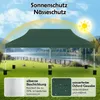 A green pop-up canopy tent set up on a grassy field next to a lake, with mountains in the background. Produktbild-Vorschau