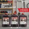 Three canisters of heating fuel are displayed in a garage or storage area with tools in the background. Text overlays highlight product features and benefits. Produktbild-Vorschau