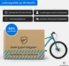 A cardboard box with a bicycle partially visible behind it, along with marketing text and icons. Produktbild-Vorschau