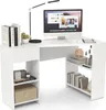 A white L-shaped desk with a computer, lamp, books, and decorative items. Podgląd zdjęcia produktu