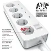 A white power strip with multiple outlets and USB ports, featuring product information and branding. Produktbild-Vorschau