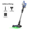 A Tineco PURE ONE S50 Pro cordless vacuum cleaner is shown with its accessories and a text overlay describing the package contents. Produktbild-Vorschau