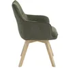 A side view of a green upholstered chair with wooden legs. Podgląd zdjęcia produktu