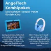 A blue tablet in a protective case and blue and white headphones are displayed against a blue background with text describing their features. Produktbild-Vorschau