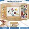 A child's art table with a roll of paper, art supplies, and a storage organizer filled with small toys. Produktbild-Vorschau