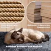 A cat is lying on a gray carpet, with close-ups of rope and wood panels above it. Produktbild-Vorschau