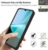 A hand is holding a black smartphone case with a screen protector on it. There are marketing icons and text around the image. Produktbild-Vorschau