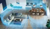 A living room and kitchen area with air circulation visualized by blue waves emanating from a fan. Podgląd zdjęcia produktu