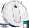 A white robot vacuum cleaner is shown from a top-down perspective, with a smartphone and remote control next to it. Podgląd zdjęcia produktu
