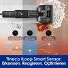 A split image showing a vacuum cleaner head on different floor surfaces with varying levels of dirt, accompanied by a graph illustrating suction power over time. Produktbild-Vorschau