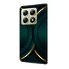 A close-up, angled view of a smartphone case with a dark green and gold abstract design. Produktbild-Vorschau