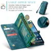 A teal wallet-style phone case is shown open, displaying card slots and a zippered compartment. A phone is inserted into the case. Text overlays describe the features of the case. Produktbild-Vorschau