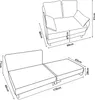 Diagrams showing the dimensions of a sofa bed in its sofa and bed configurations. Voir les images du produit