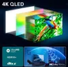 A diagram illustrating the layers of a QLED TV screen, followed by a smaller inset image showing a living room with a TV and sound waves, and another inset with feature logos. Náhled obrázku produktu
