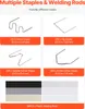 A collage of different types of staples and plastic welding rods, with a description of their quantities and sizes. Podgląd zdjęcia produktu