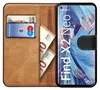 A book-style phone case is open, showing a phone, cards, and banknotes inside. Produktbild-Vorschau