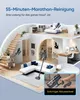 A cutaway view of a multi-story house interior, showcasing a cordless vacuum cleaner in various rooms and on the stairs. Produktbild-Vorschau