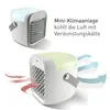 A collage showing a mini evaporative cooler from different angles with arrows indicating air flow, and German text describing its function. Produktbild-Vorschau