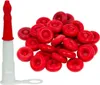 A white background with a red and white applicator tool on the left and a pile of red donut-shaped caps on the right. Produktbild-Vorschau