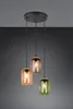 A trio of pendant lights with colored glass shades hanging from a ceiling mount. Podgląd zdjęcia produktu