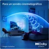 A living room scene with a TV displaying a nature scene, surrounded by blue light effects indicating sound waves, and a Dolby Atmos logo. Produktbild-Vorschau